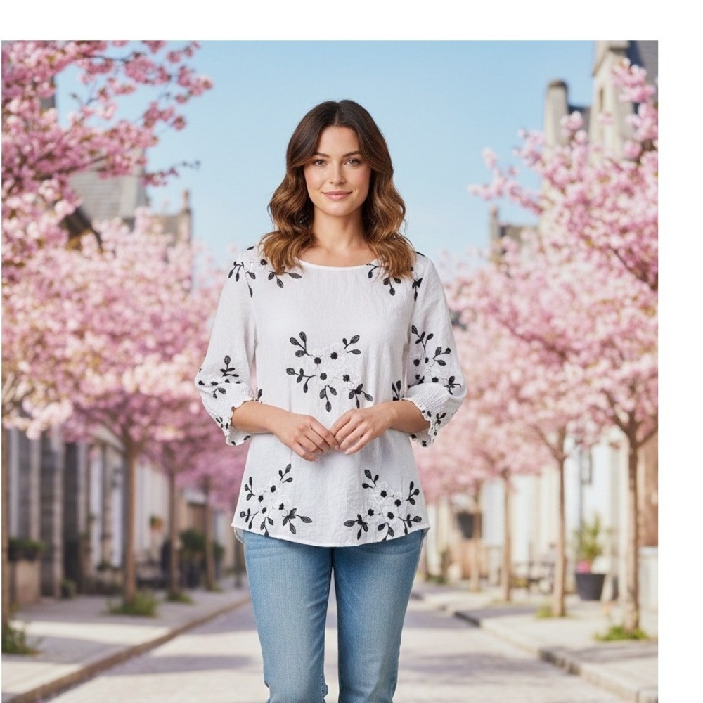 Sapphire White Floral Embroidered Smocked‎ Sleeve Blouse Top MP
